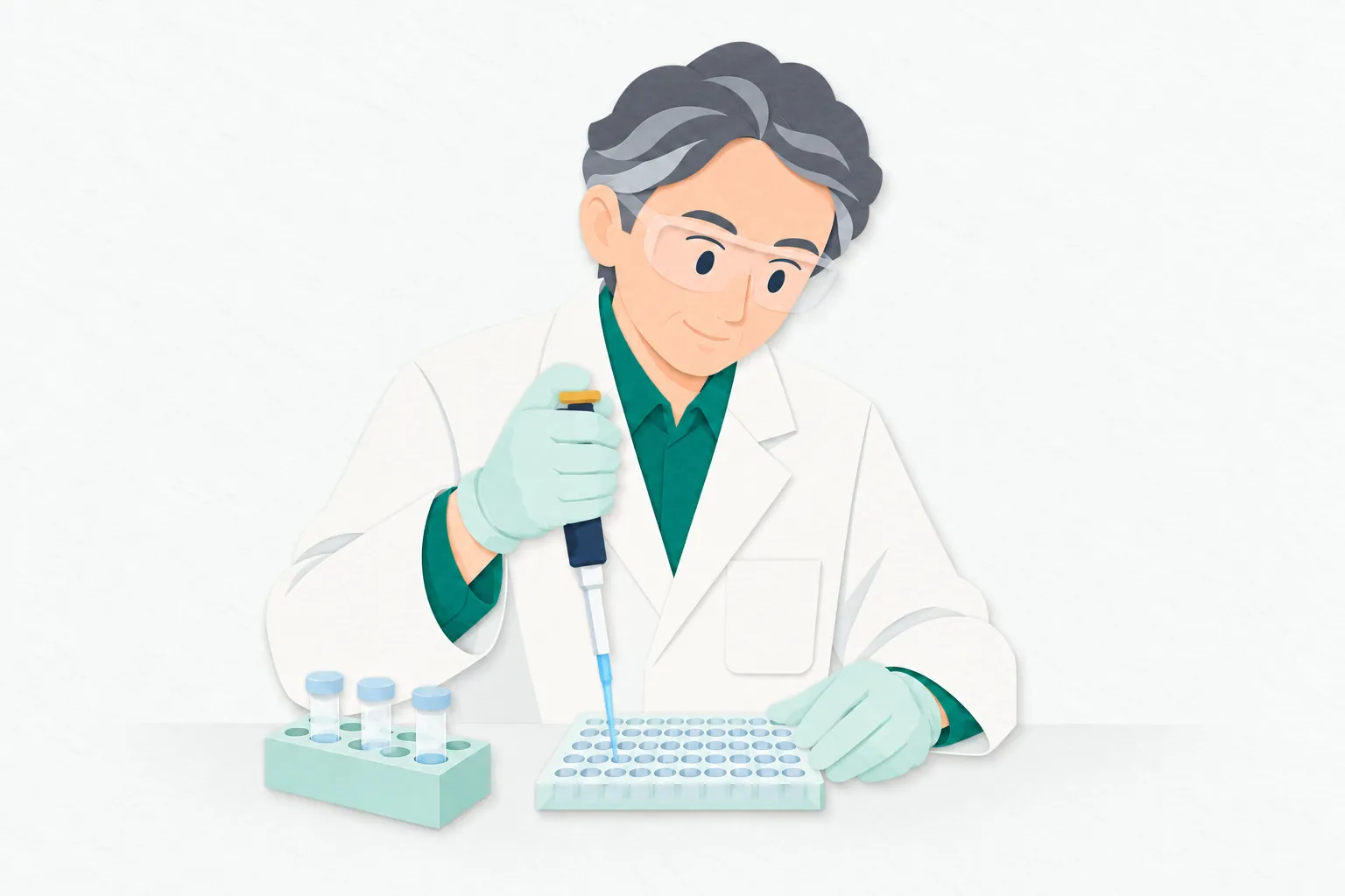 実験室で、男性の創薬研究者がマイクロピペットで試験用プレートに液を分け、候補物質の反応を調べる準備をしている。