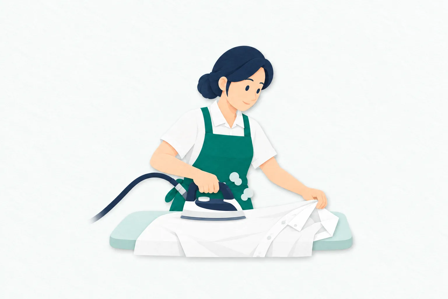 女性のクリーニング師が、作業台に広げたシャツを丁寧に押さえながら、業務用アイロンでしわを伸ばして仕上げている。