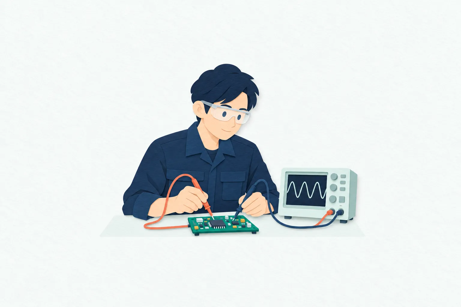開発室で、男性の電気・電子エンジニアが低電圧の試作基板に測定端子を当て、計測器の波形を確かめている。