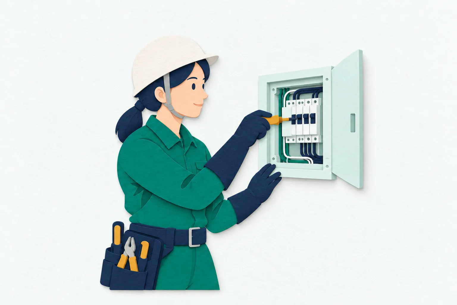 住宅の分電盤の前で、ヘルメットと絶縁手袋をつけ、腰に工具袋を下げた30代の女性電気工事士が、工具で配線を確かめている。