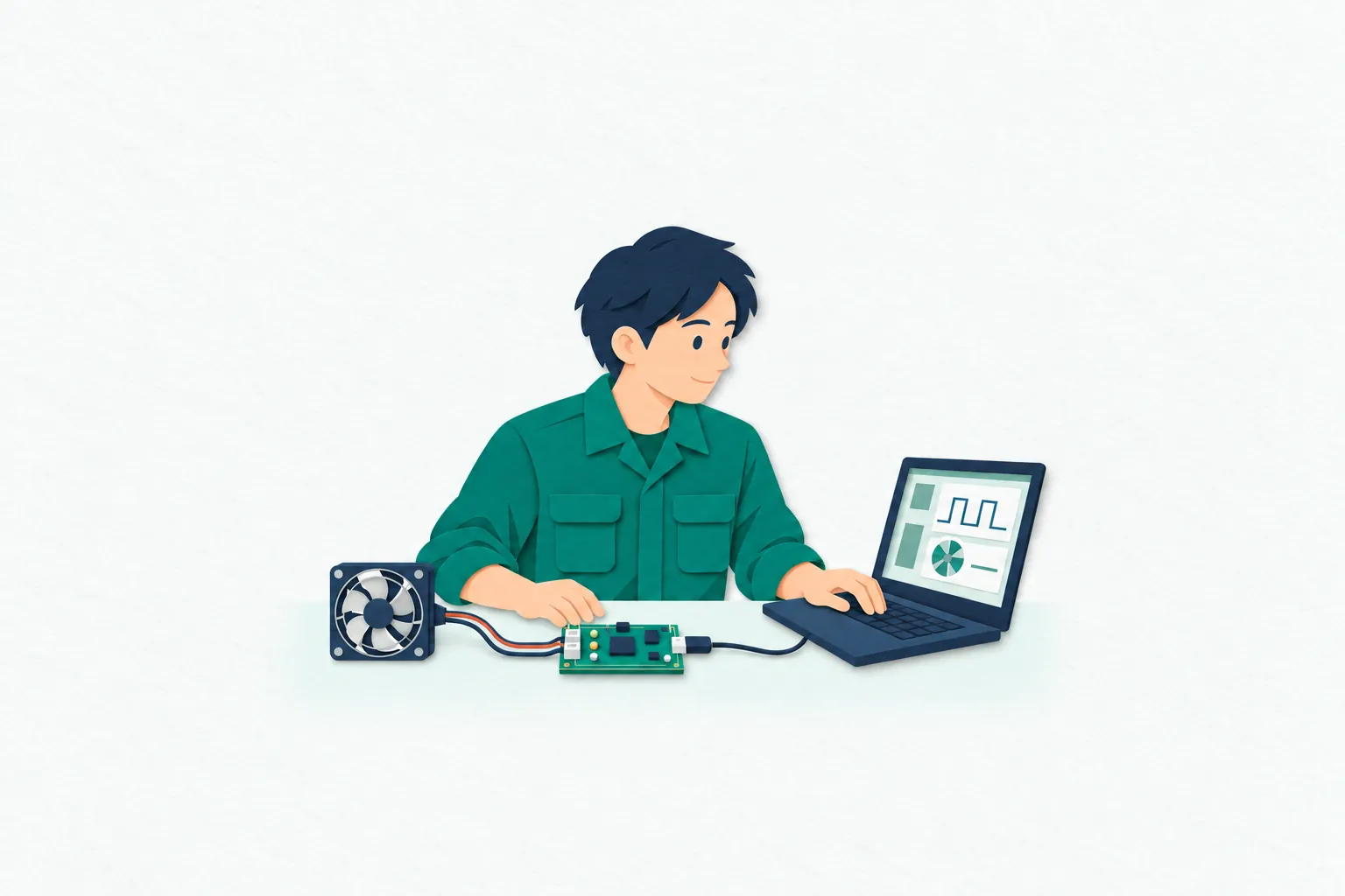 男性の組込みエンジニアが、卓上の開発用基板につながる機器を確かめながら、ノートパソコンで制御プログラムの動作を検証している。
