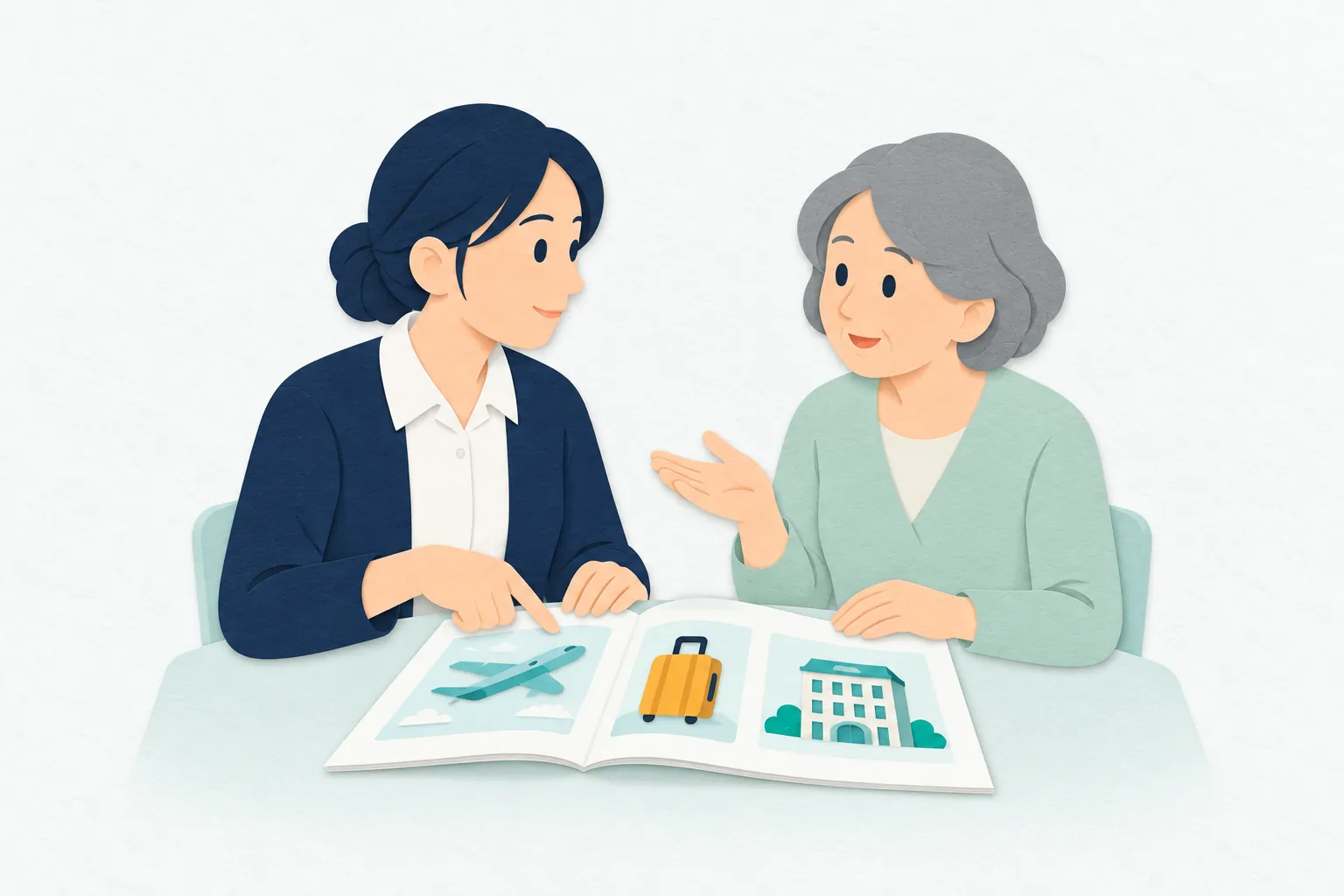 英会話教室で、女性の講師が旅行を表す絵の教材を示し、成人の受講者と会話の練習をしている。