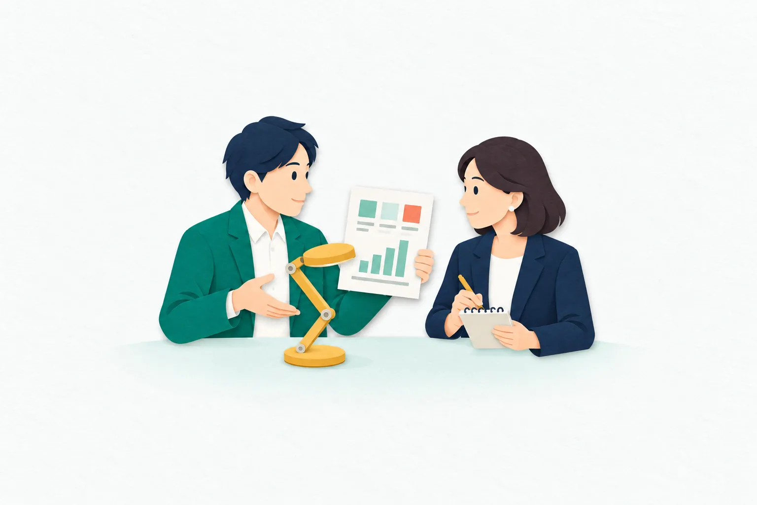 新製品の打ち合わせで、男性の起業家が試作品と事業計画の図を示し、女性の協力者に事業の構想を説明している。