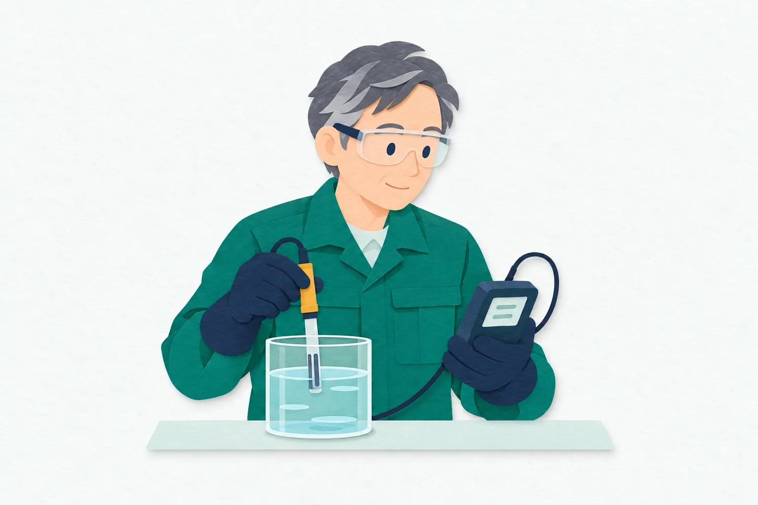 水質調査の現場で、男性の環境技術者が採取した水に測定用の電極を入れ、手元の計器で水の状態を確認している。