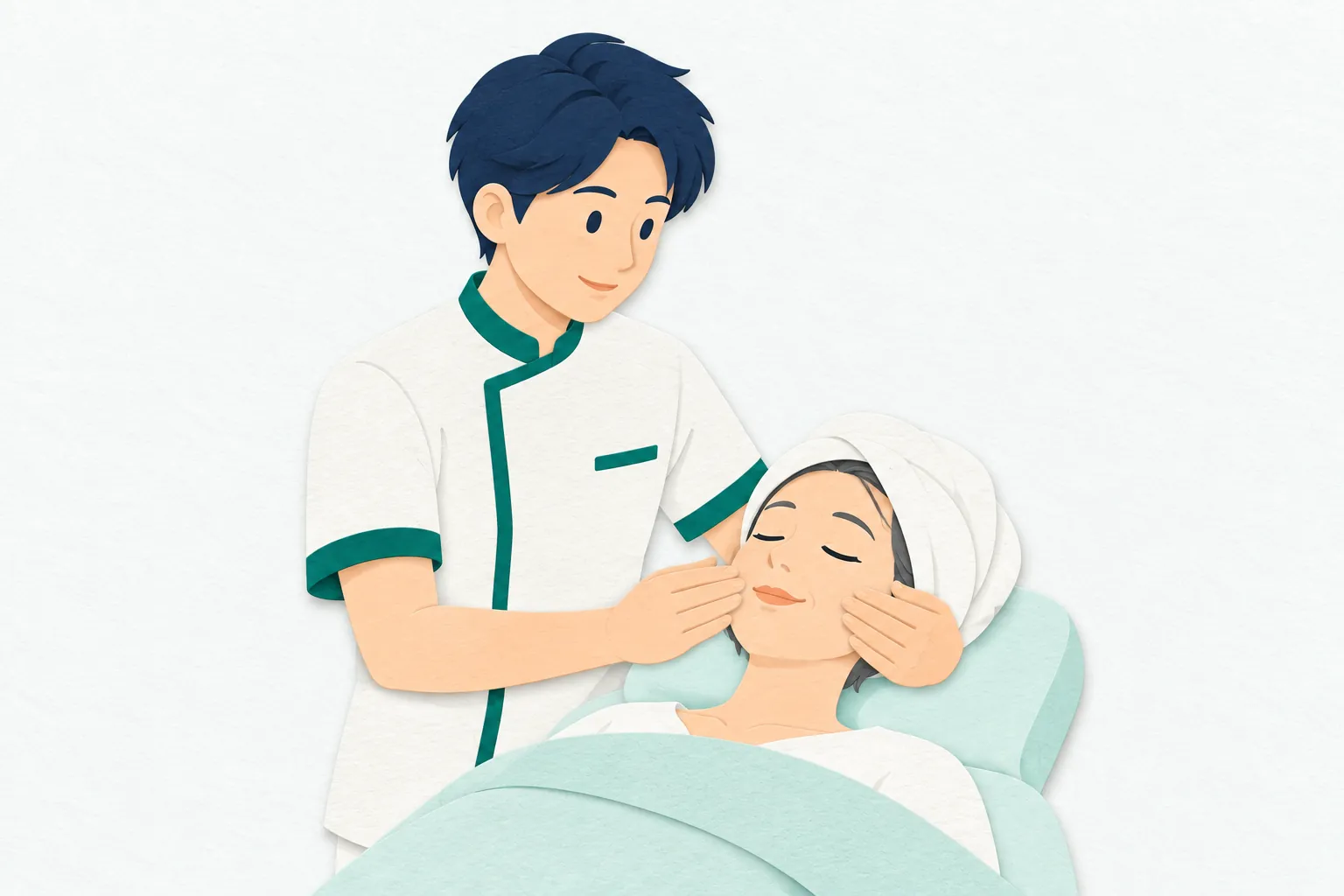 男性のエステティシャンが、タオルで髪を包んだお客さんの顔に両手を添え、穏やかにフェイシャルトリートメントを行っている。