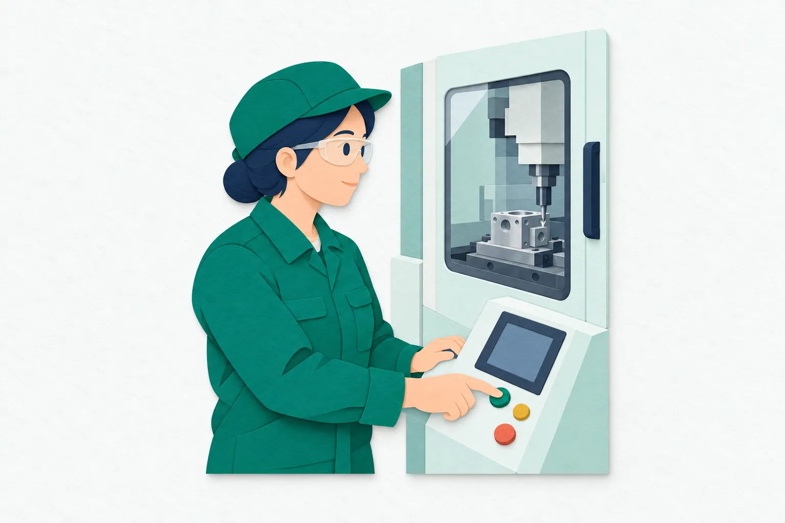 明るい工場で、女性の製造オペレーターが、機械の操作盤と加工中の部品の様子を確かめている。保護眼鏡をつけ、安全カバーの外から操作している。