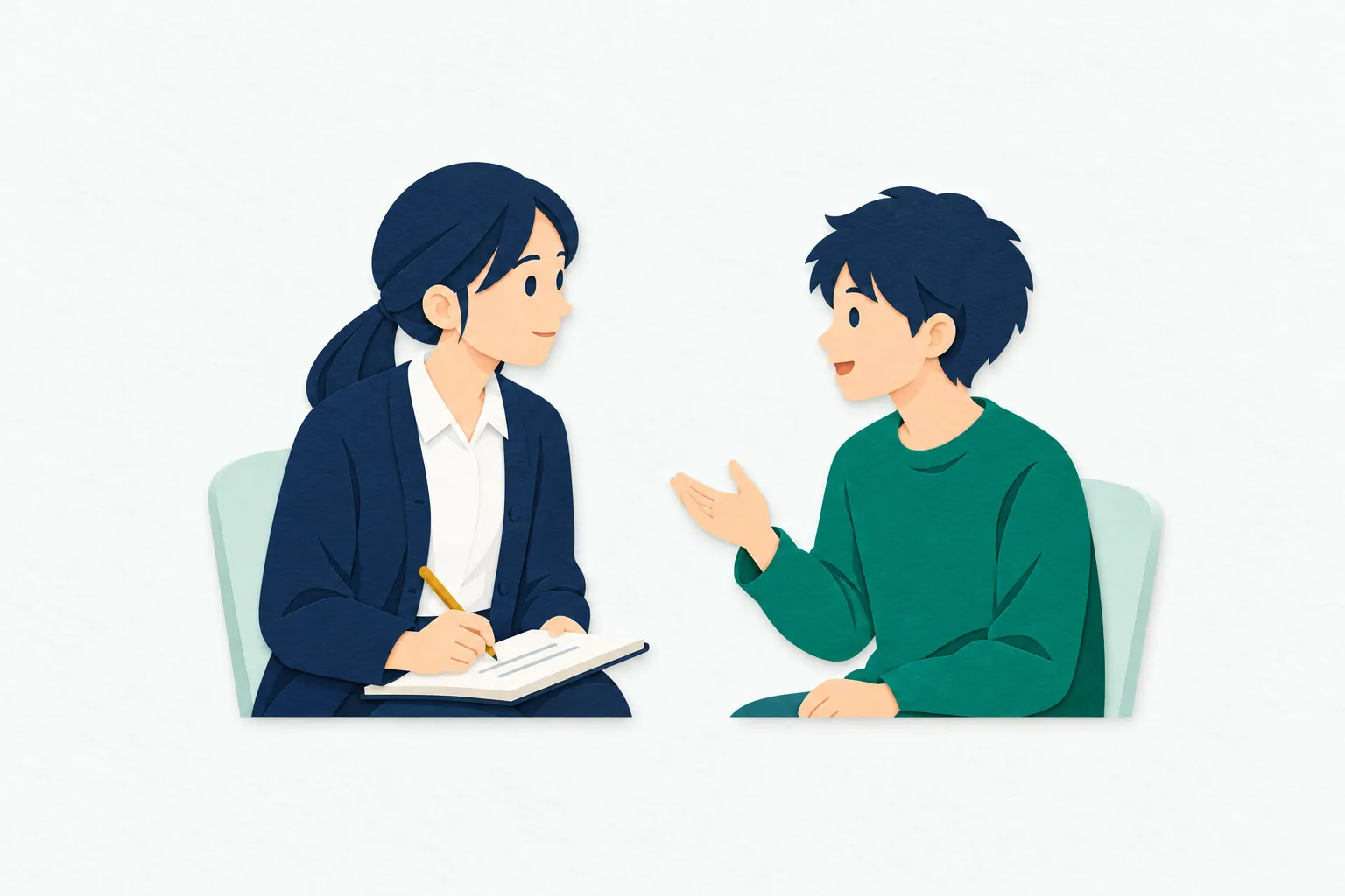 面談室で、女性の家庭裁判所調査官が少年の話に耳を傾け、暮らしや学校での様子をノートに記録している。