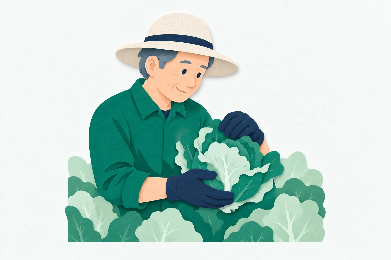 畑で、男性の農業従事者が、葉の茂った野菜を両手で確かめながら収穫している。作業帽と手袋をつけ、野菜の育ち具合を丁寧に見ている。