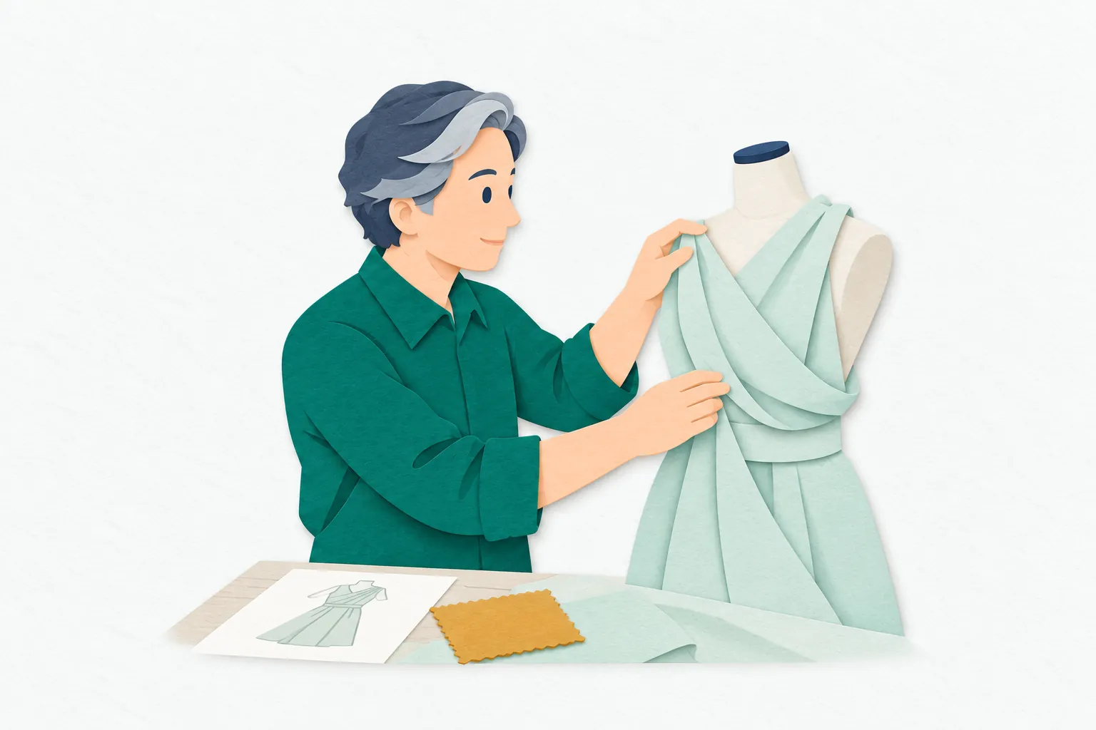 アトリエで、男性のファッションデザイナーがトルソーに掛けた布のひだを整え、服のデザイン画と見比べて形を確かめている。