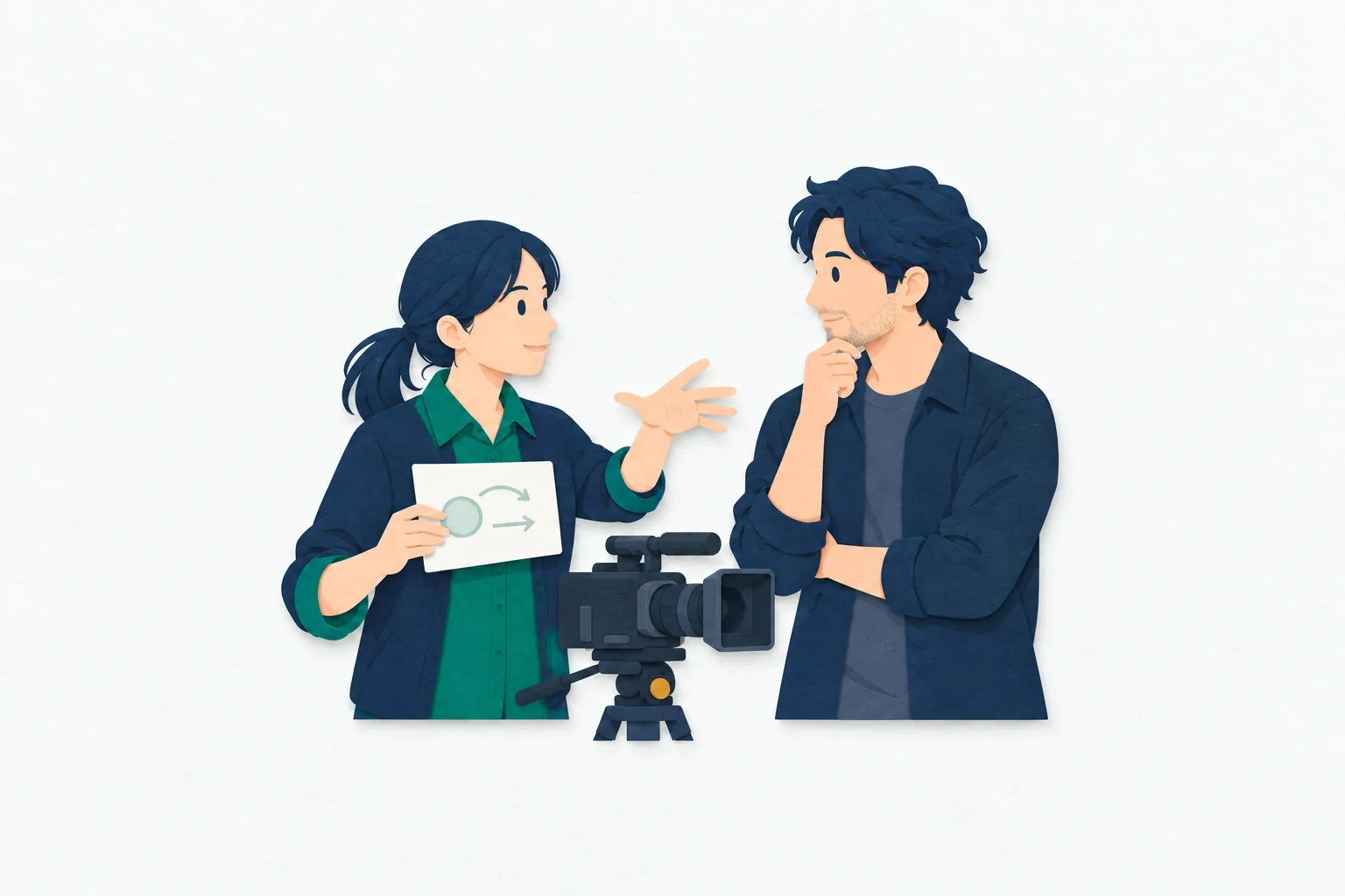 撮影現場で、女性の映画監督が俳優に手の動きを示し、カメラの位置を確かめながら場面の演技を指導している。
