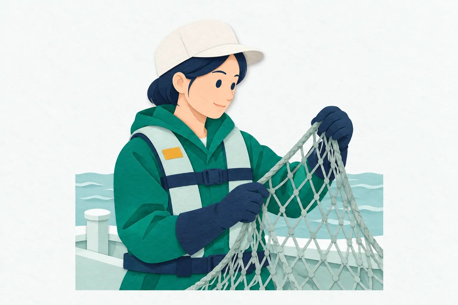 穏やかな海に浮かぶ船の上で、女性の漁師が、漁網の状態を両手で点検している。救命胴衣と手袋をつけ、網目や結び目を確かめている。