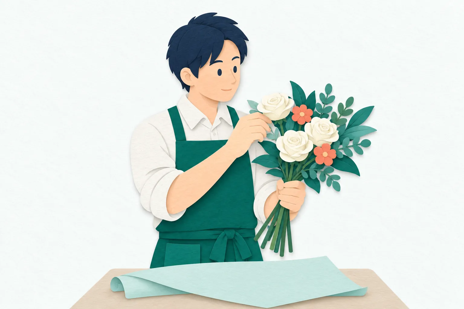 男性のフローリストが、花と葉の向きを確かめながら茎を束ね、作業台で花束の形を整えている。