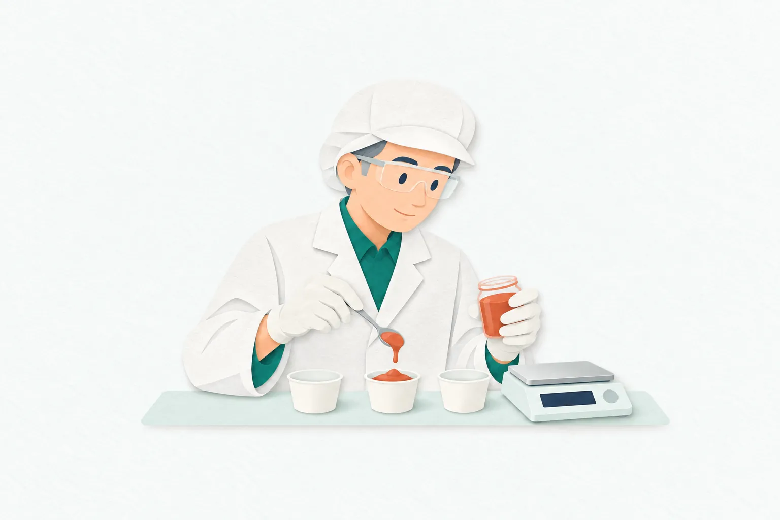 男性の食品開発者が、白衣と帽子を着けて試作品のソースを小さな容器に分け、配合や状態を確かめている。