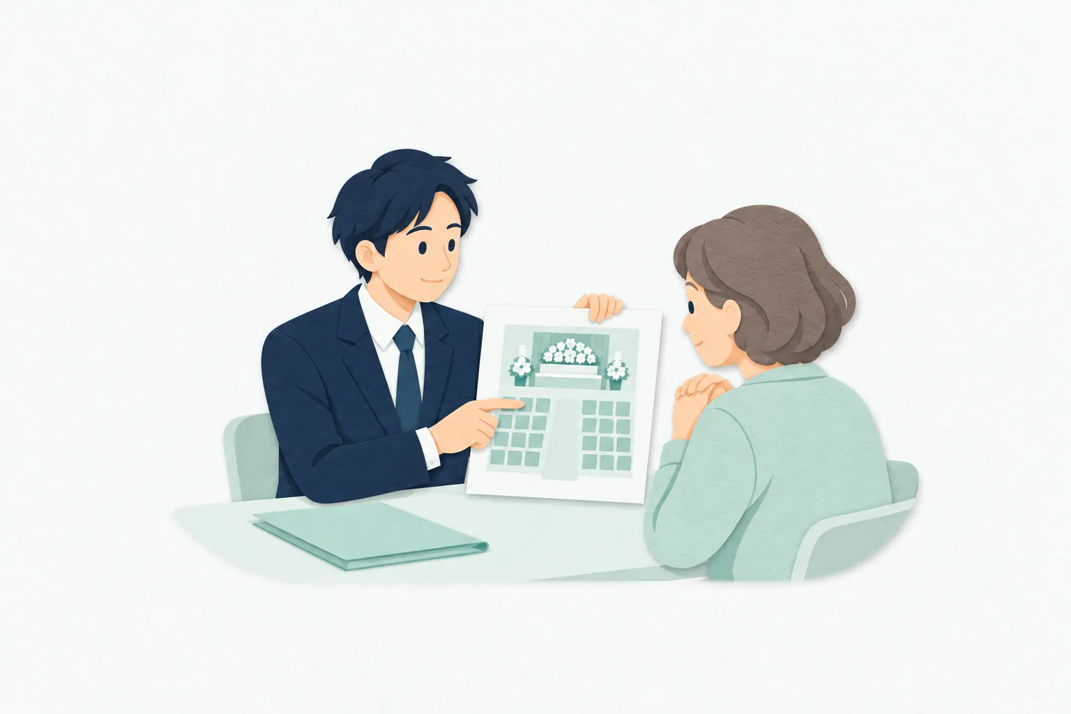 男性の葬祭ディレクターが、落ち着いた相談席で式場の配置図を指しながら、相談者に葬儀の準備や進行について丁寧に説明している。