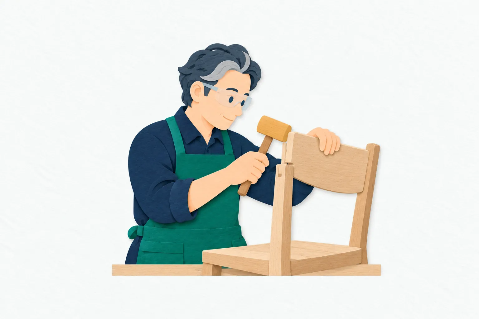 工房で、男性の家具職人が組み立て中の椅子の接合部を合わせ、木づちで軽くたたいて木組みを整えている。