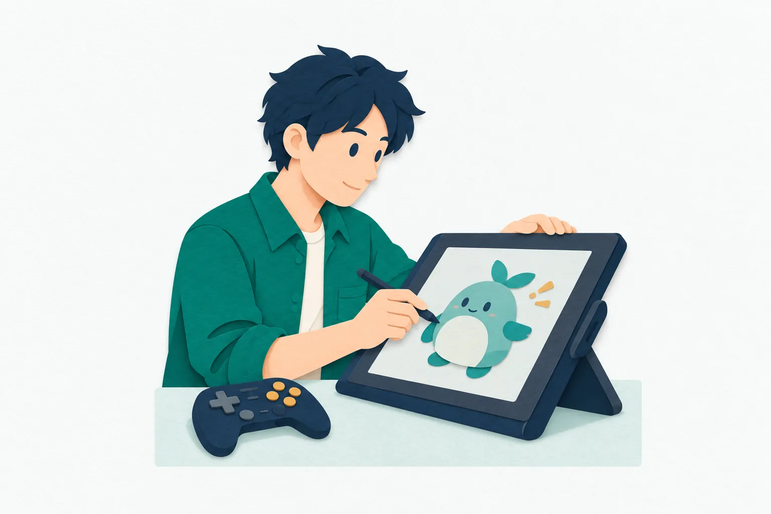 ゲーム会社の席で、20代の男性ゲームクリエイターが、ペンタブレットを使ってオリジナルのキャラクターを描いている。横にはコントローラーがある。