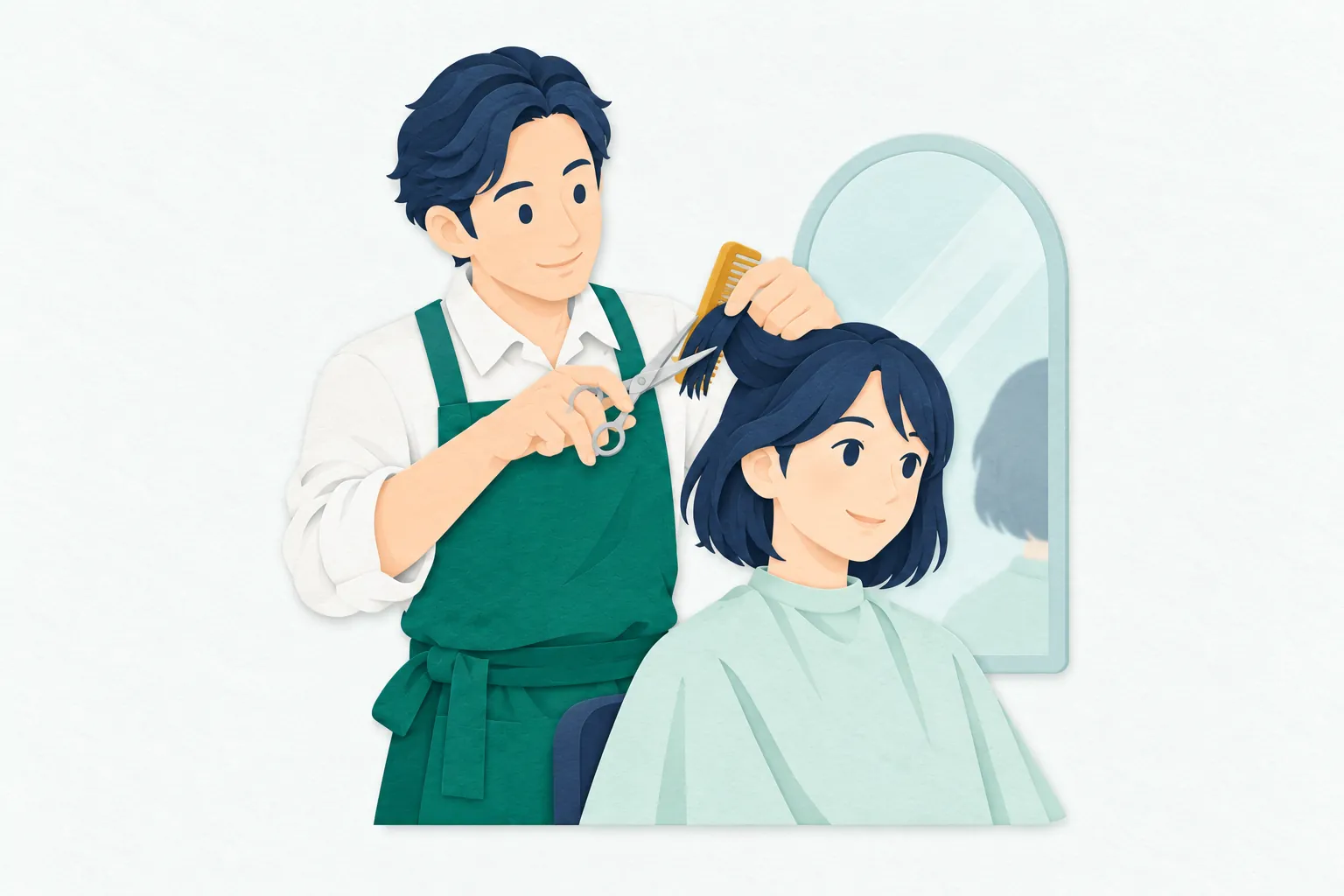 美容室で、40代の男性美容師が、鏡の前に座る20代の女性客の髪を、くしとはさみで整えている。女性客はおだやかな表情で座っている。