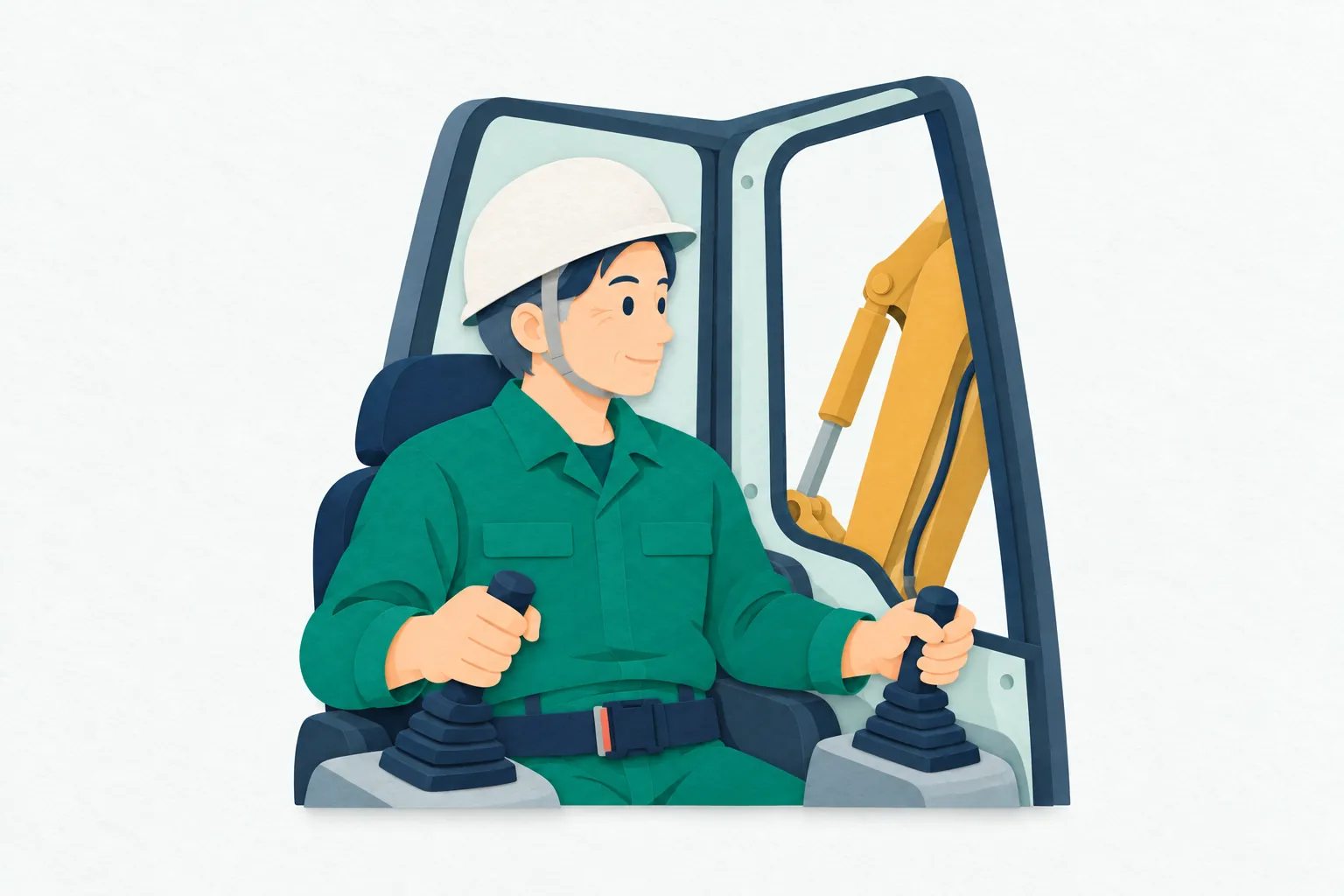 男性の重機オペレーターが、ヘルメットとシートベルトを着け、油圧ショベルの運転席で操作レバーを握って前方を確認している。