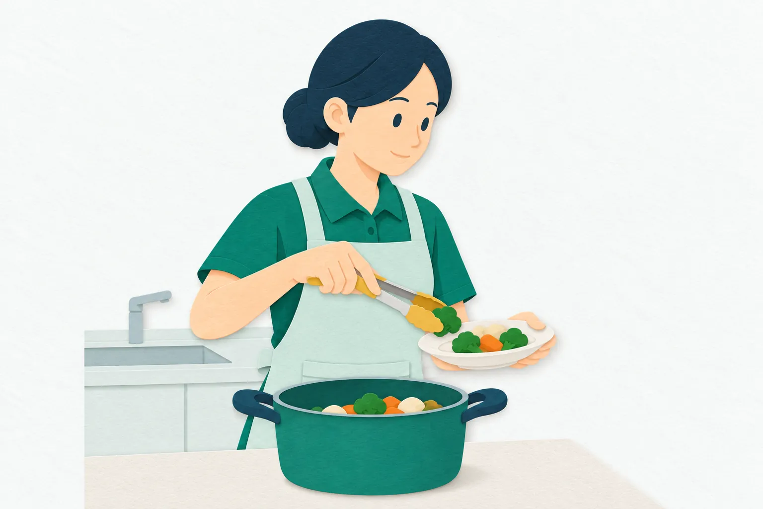 訪問先の台所で、女性のホームヘルパーがエプロンを着け、調理した食事を皿に盛りつけている。