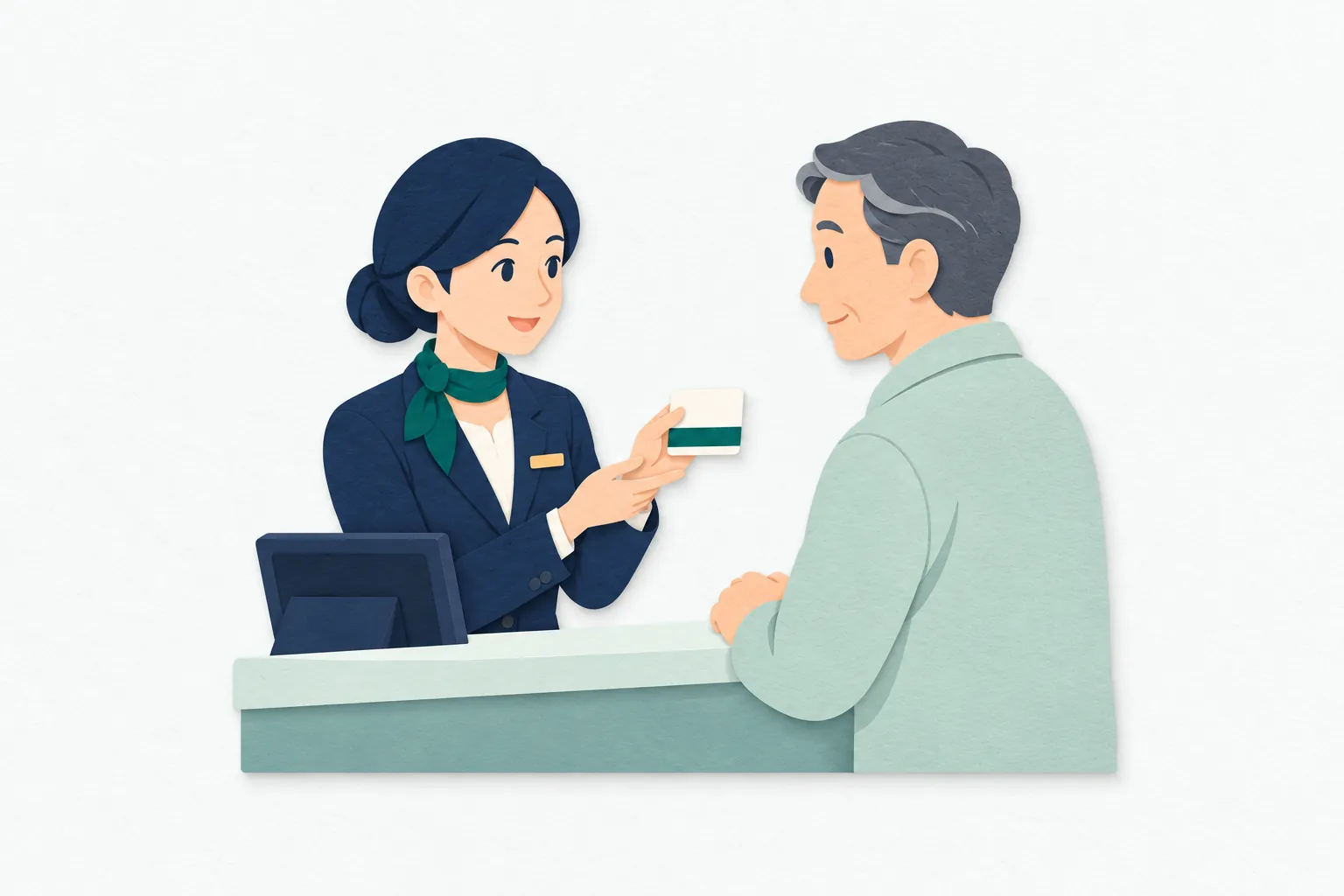 ホテルのフロントで、女性スタッフが、宿泊客の男性に無地のカードキーを見せながら案内している。客はカウンター越しに説明を聞いている。