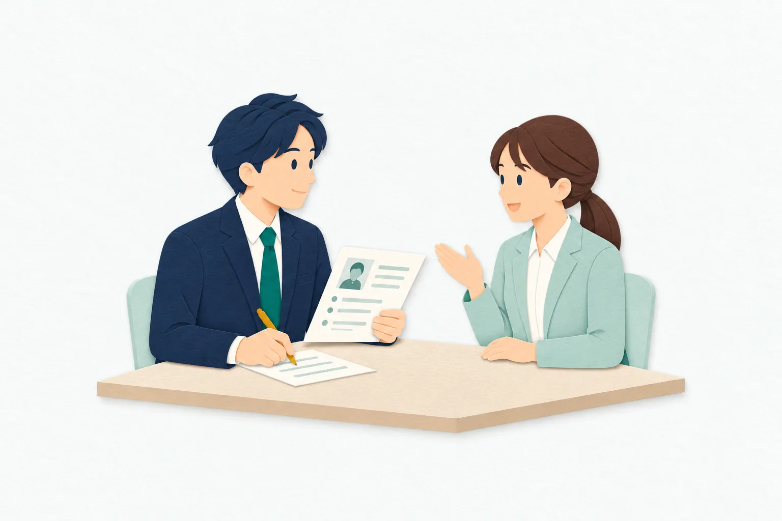 採用面接の席で、男性の人事担当者が応募者の話を聞き、手元の経歴資料を確かめながら面接記録を取っている。