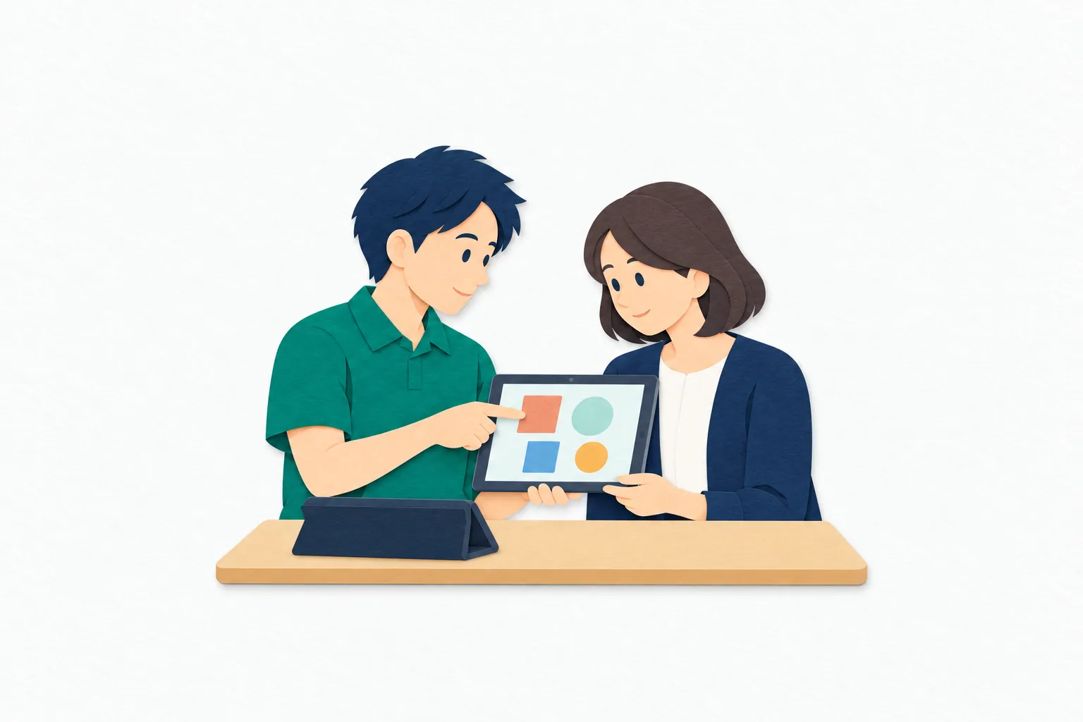 学校の教室で、男性のＩＣＴ支援員がタブレットの画面を指し、女性の教員に授業での使い方を案内している。
