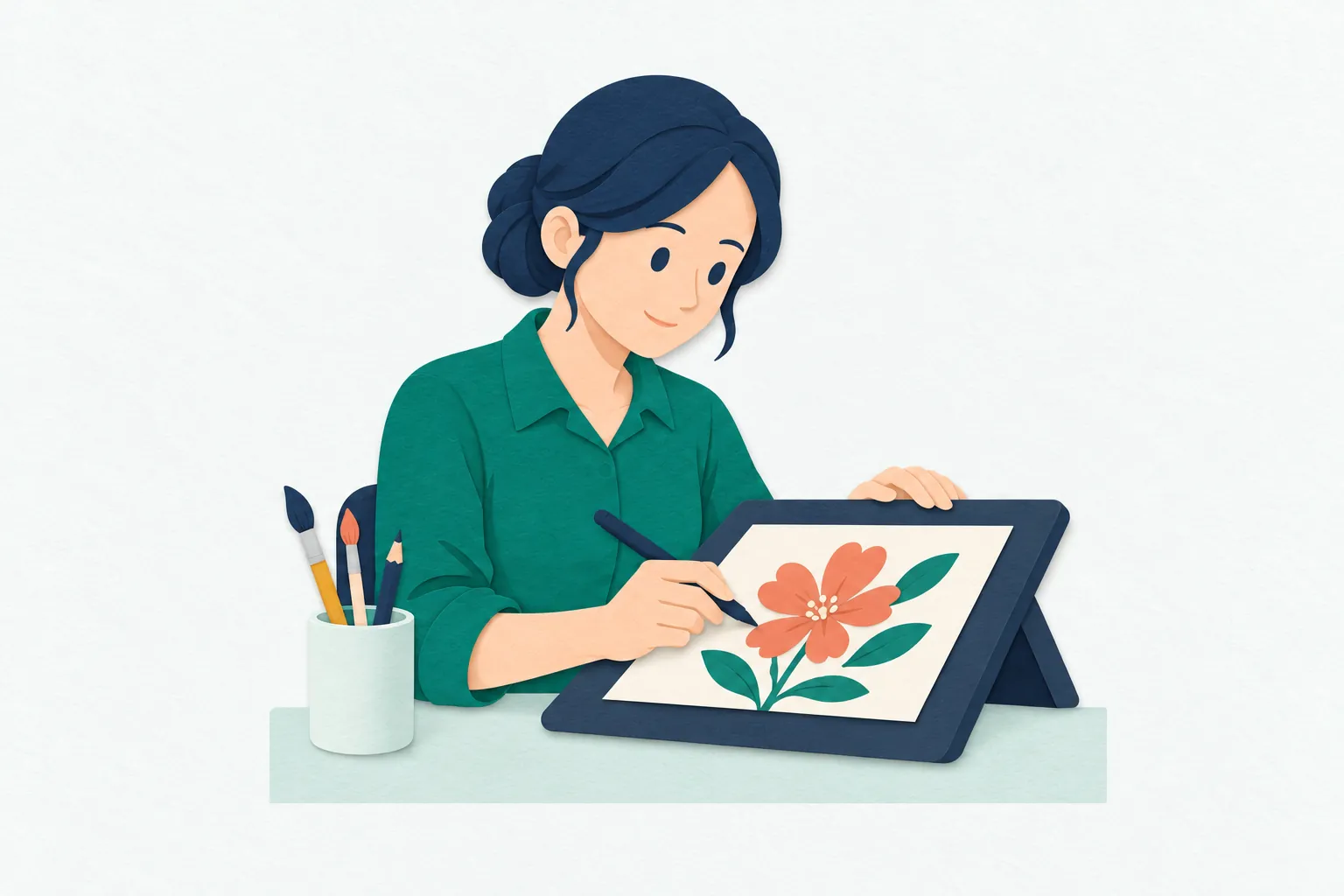 自宅の作業机で、30代の女性イラストレーターが、液晶タブレットにペンで花の絵を描いている。机の上には絵筆や鉛筆などの画材が置かれている。