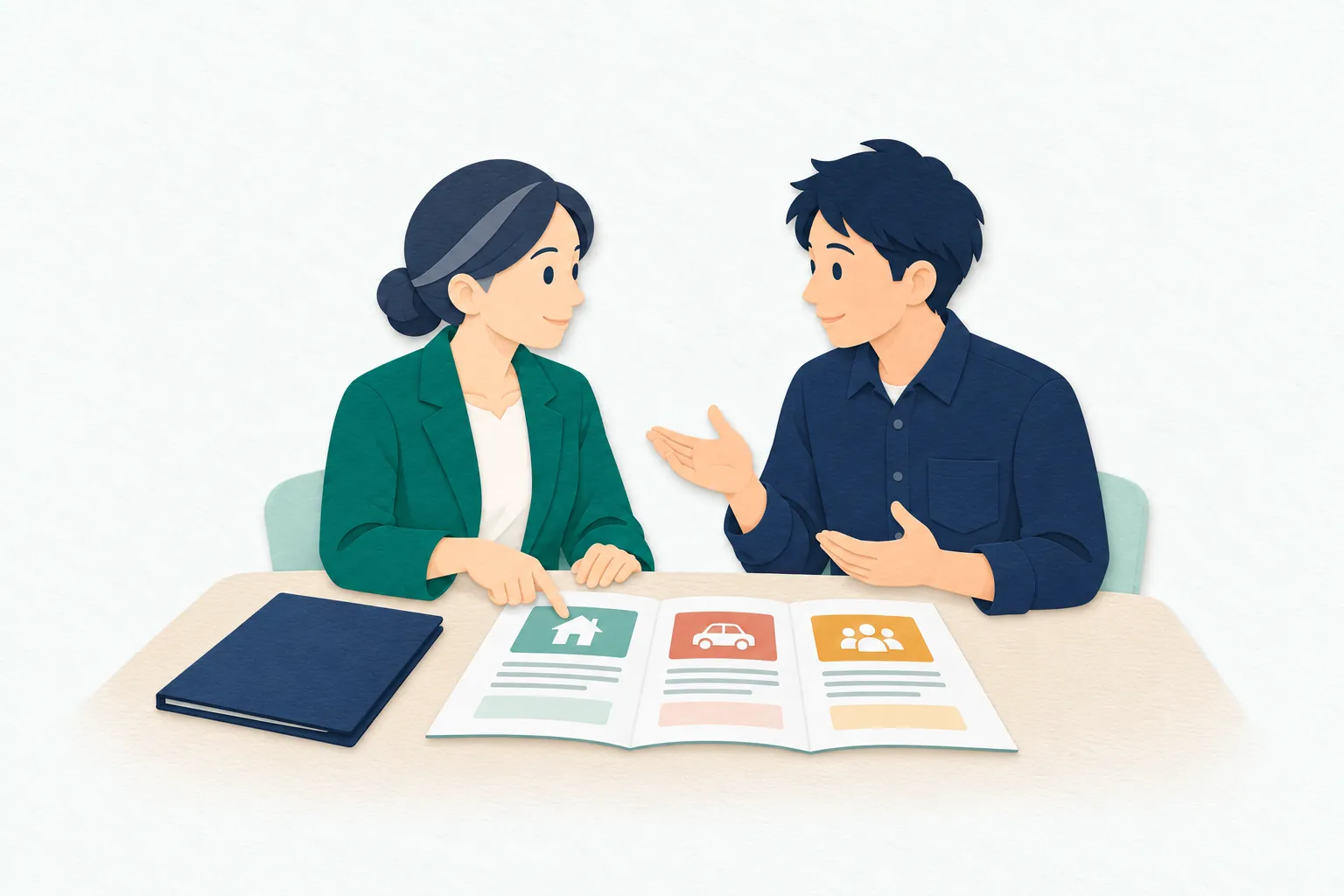 相談の席で、女性の保険営業担当者が保障内容の資料を広げ、男性客の希望を聞きながら説明している。
