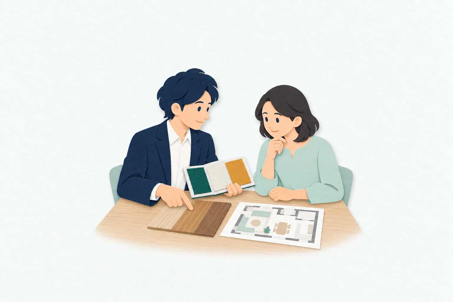 打ち合わせの席で、男性のインテリアコーディネーターが布地や床材の見本を並べ、女性客と室内の色を選んでいる。
