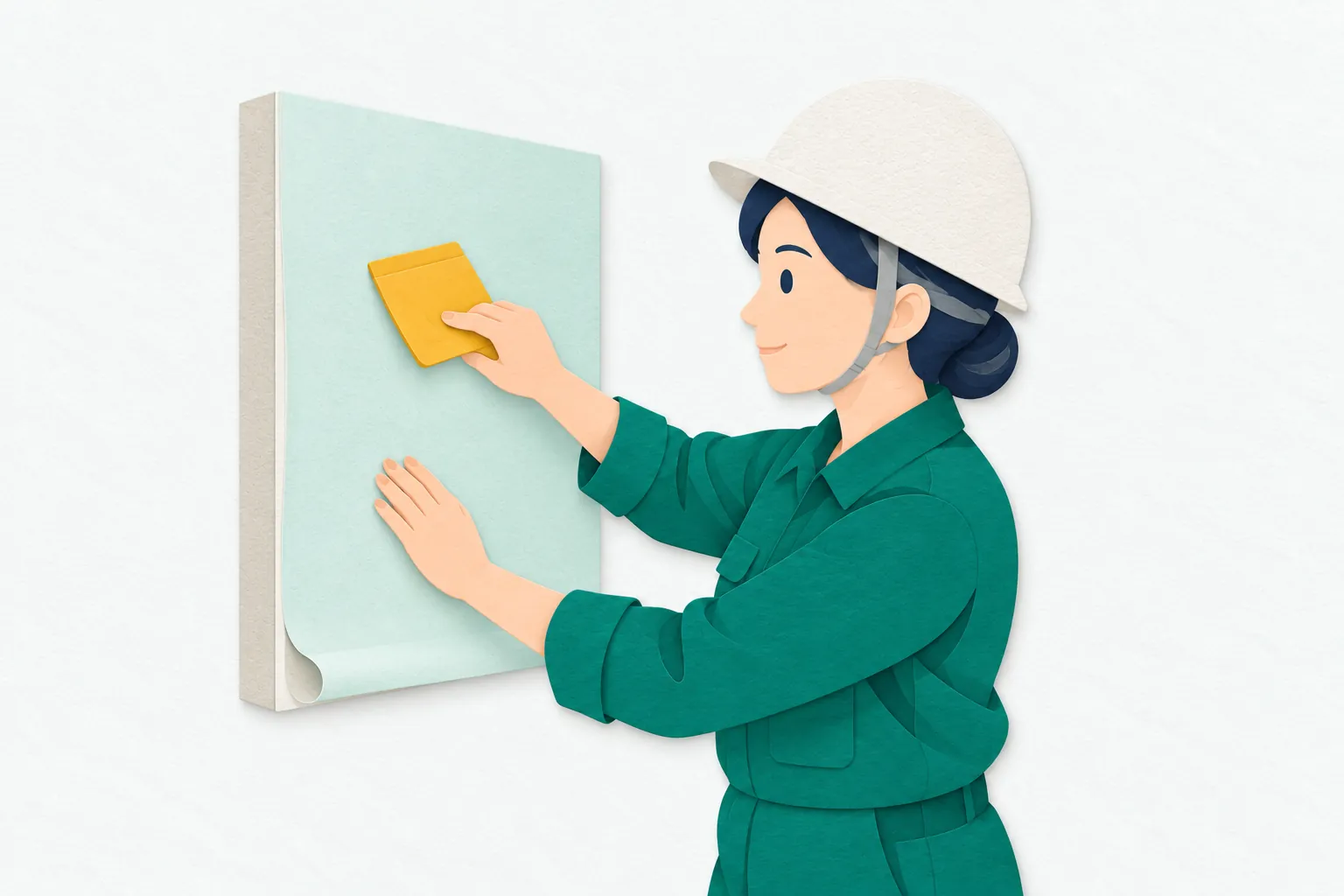 室内の壁紙施工で、女性の内装工が壁に貼った壁紙へへらを当て、表面を押さえながら空気を抜いている。