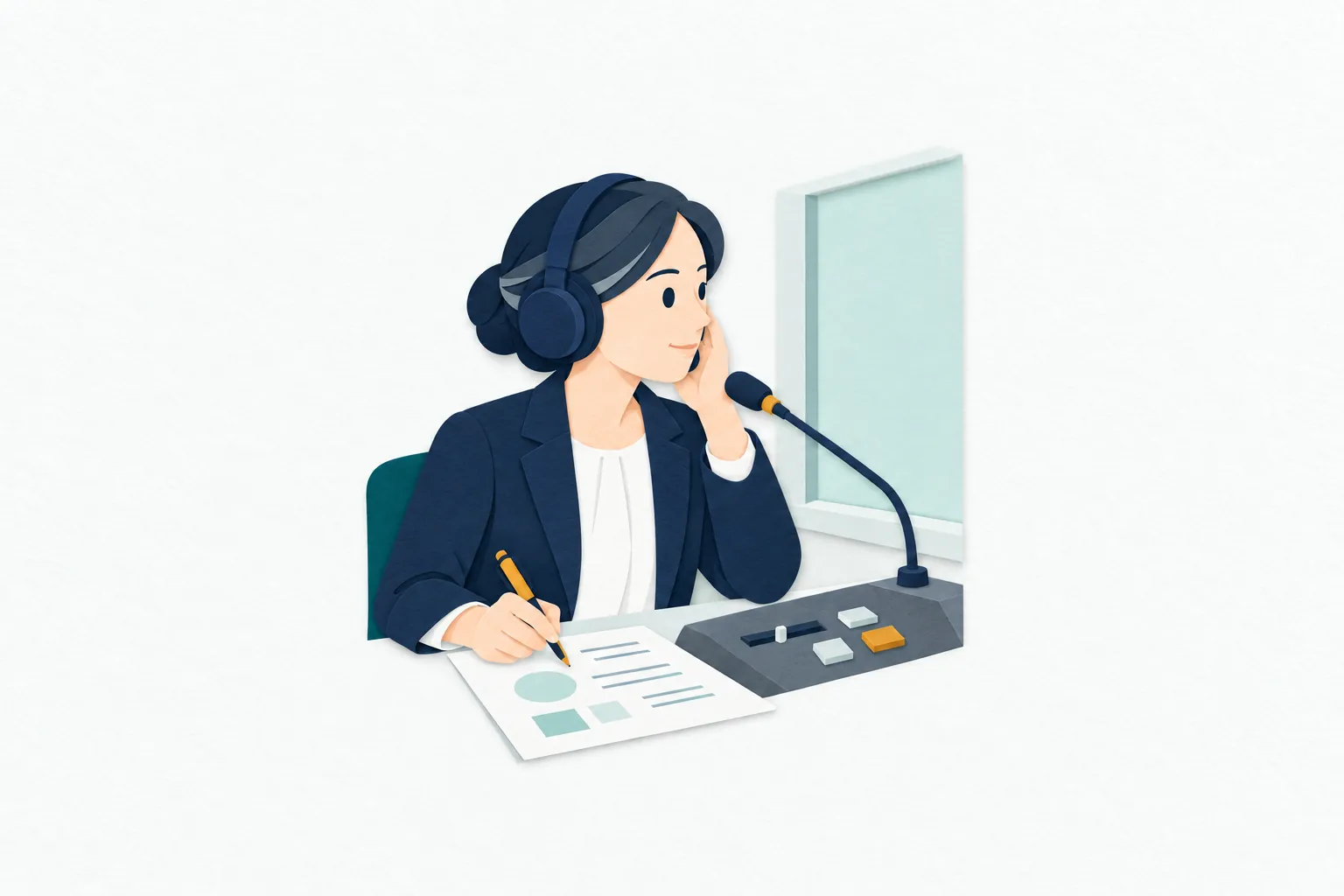 同時通訳のブースで、女性の通訳者がヘッドホンで発言を聞き、卓上マイクに向かって訳を伝えている。