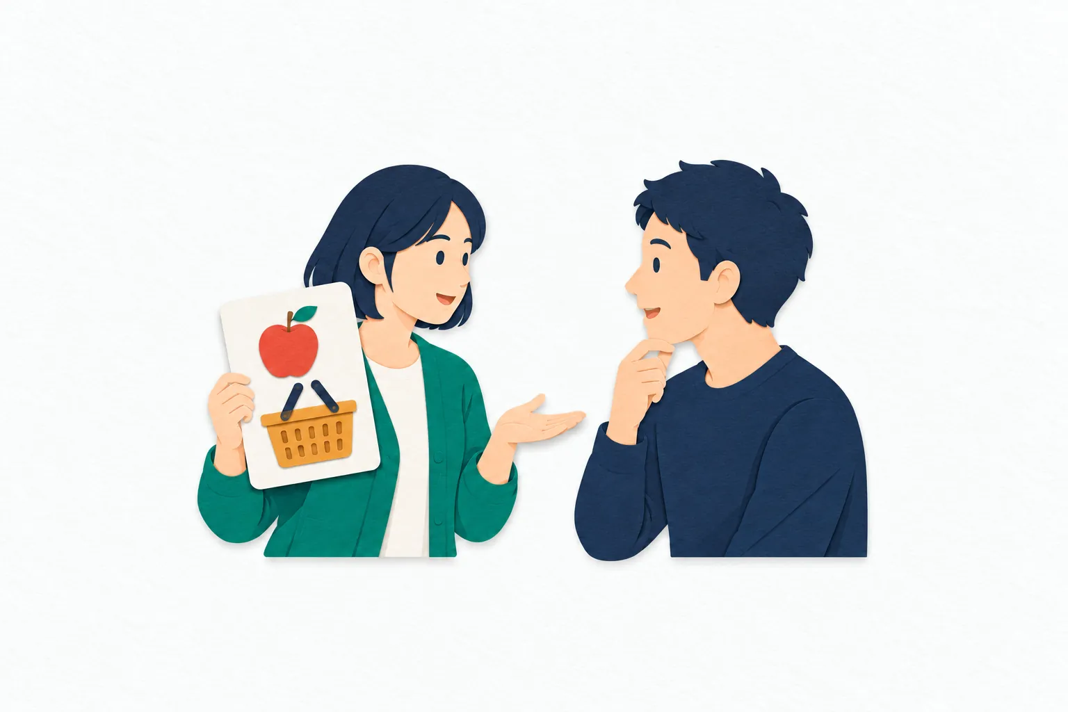 日本語教室で、女性の教師が買い物を表す絵カードを示し、成人の学習者と日常会話の練習をしている。