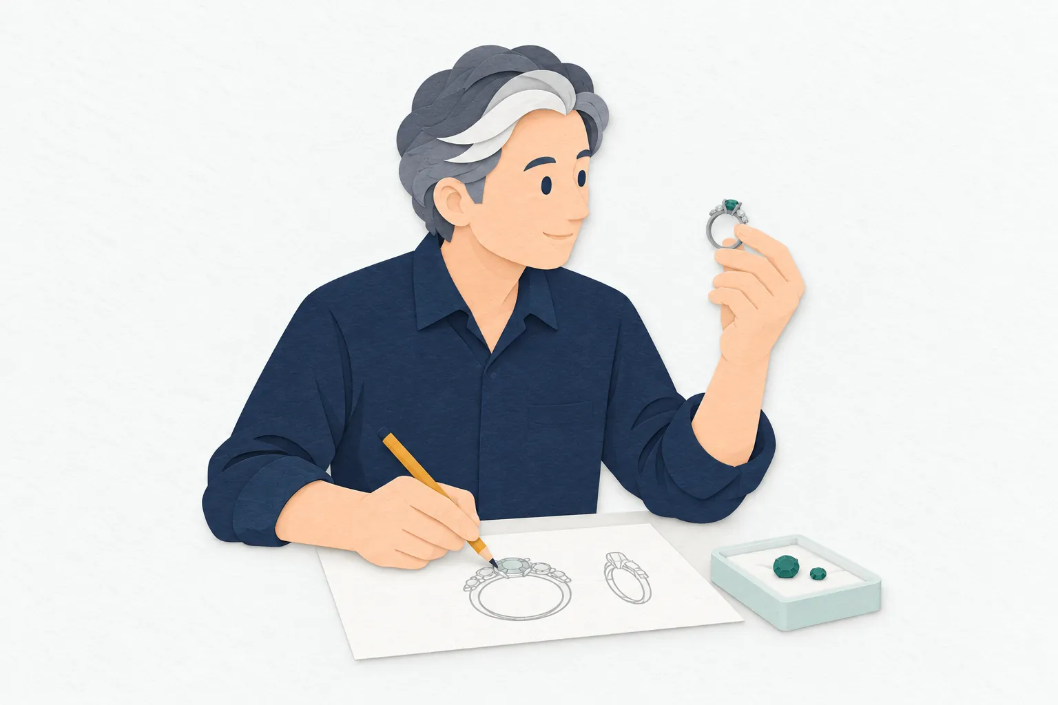 制作机で、男性のジュエリーデザイナーが指輪の模型を手に取り、宝石の配置を描いたデザイン画と見比べている。