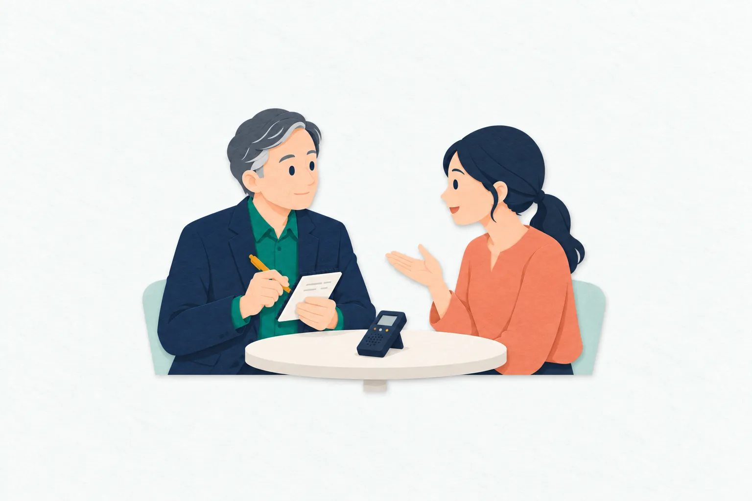 取材先で、男性の記者が相手の話を聞き、手帳に要点を書き留めながら小型レコーダーで発言を記録している。