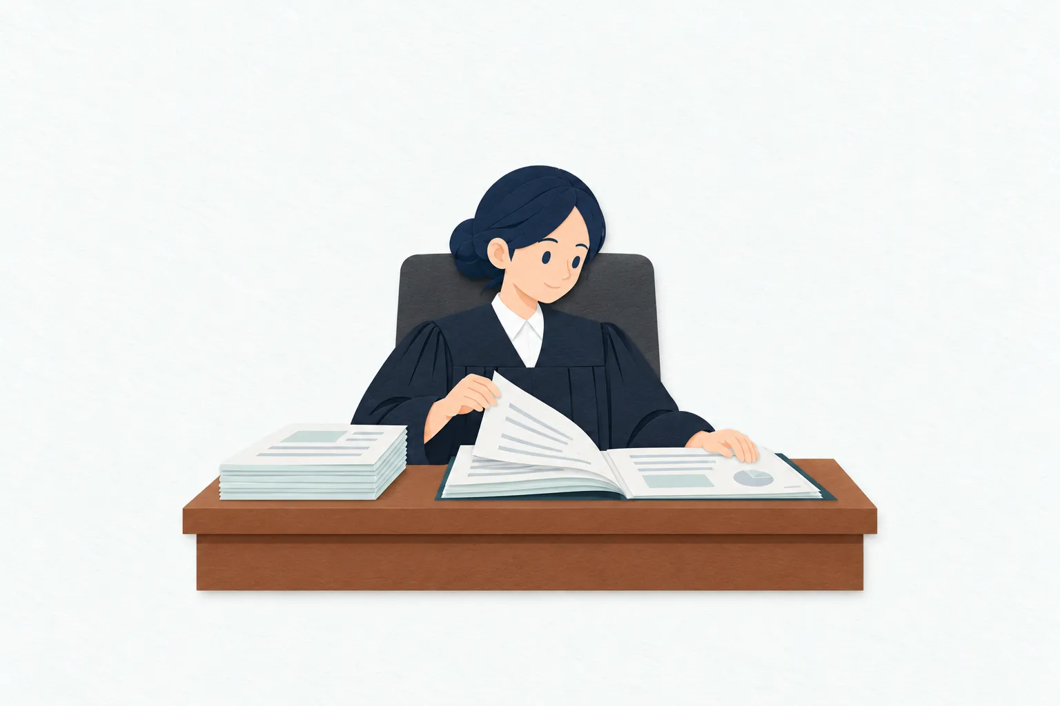 法廷で、黒い法服を着た女性の裁判官が机上の訴訟資料に目を通し、審理に向けて内容を確認している。