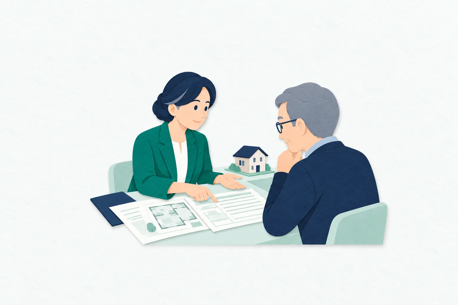 相談の席で、女性の司法書士が建物の図面と登記関係の書類を広げ、男性の依頼者に手続きを説明している。