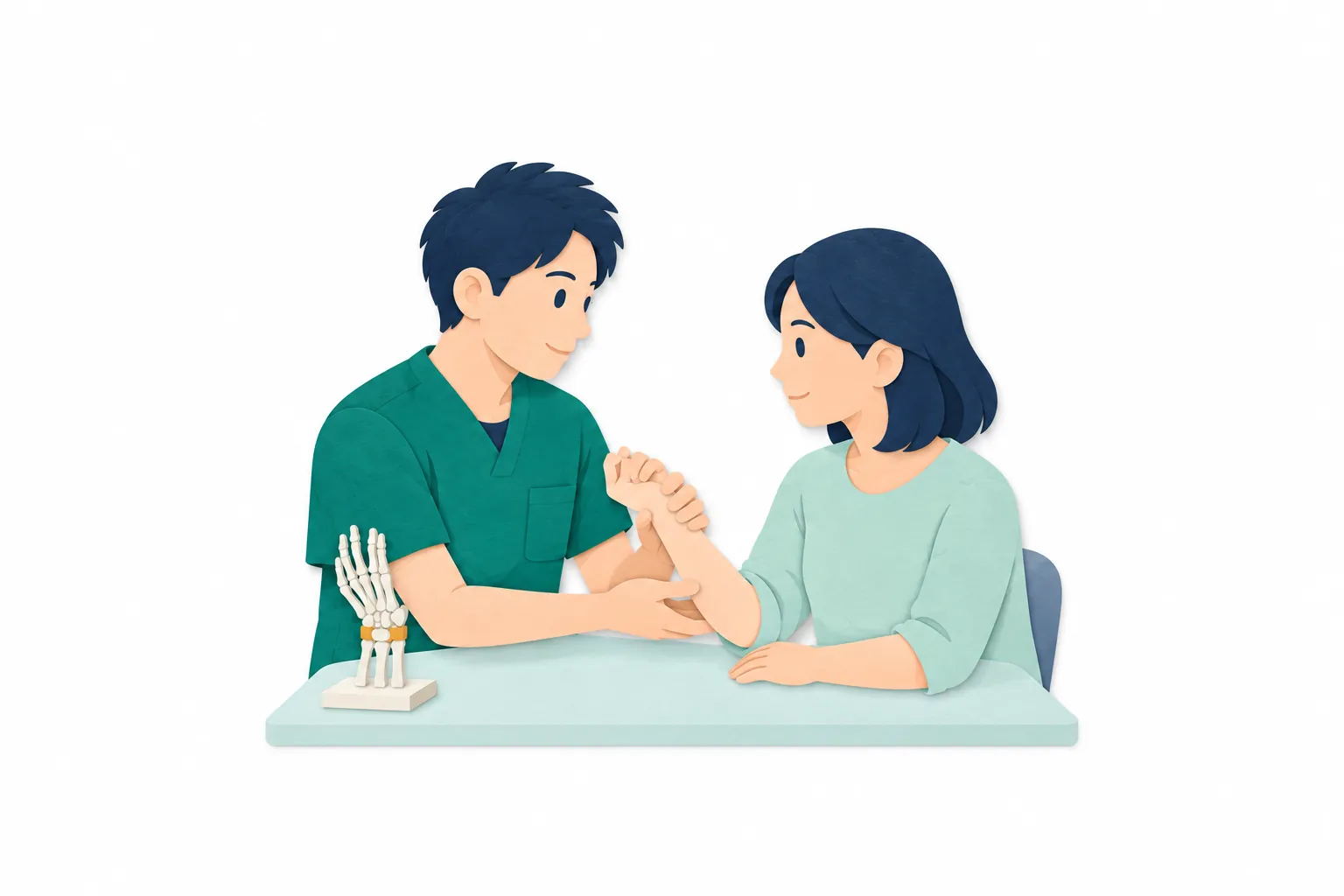 施術所で、男性の柔道整復師が座った女性の手首を支え、模型を横に置いて関節の動きを確かめている。