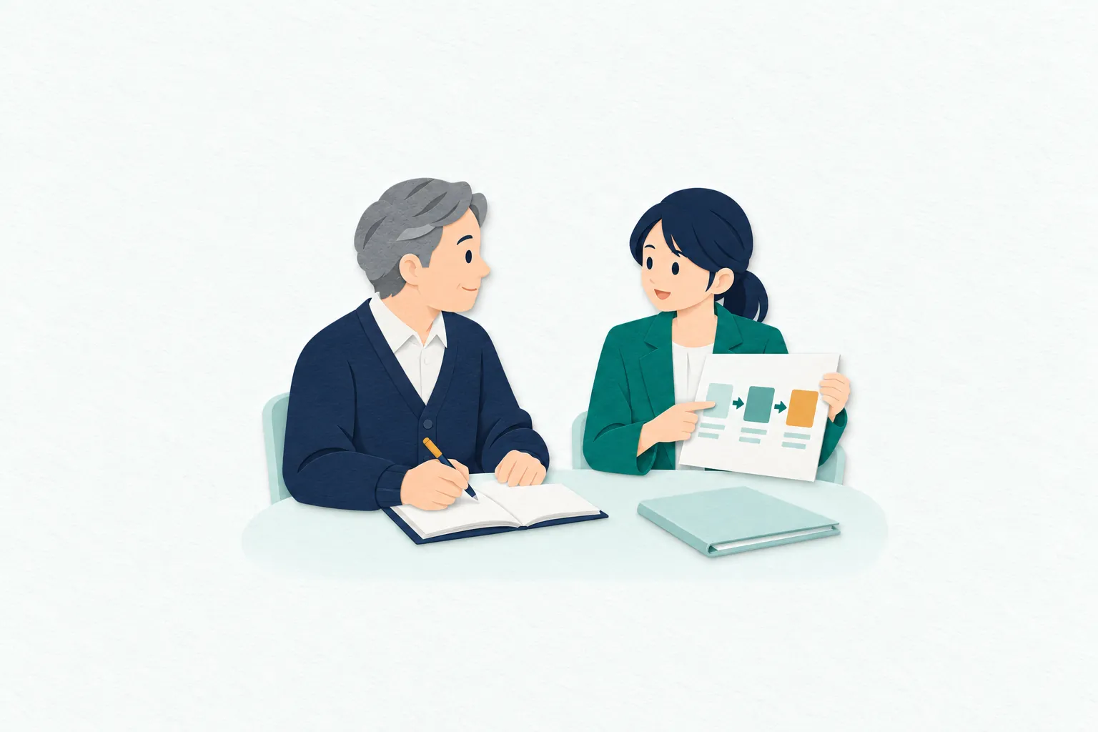 企業との打ち合わせで、女性の社会保険労務士が社会保険の手続き資料を示し、人事担当者に説明している。