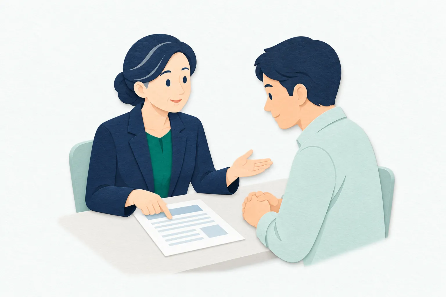 相談室で、女性の弁護士が、机の上の書類を示しながら相談者の男性に説明している。男性は書類を見て、おだやかな表情で話を聞いている。