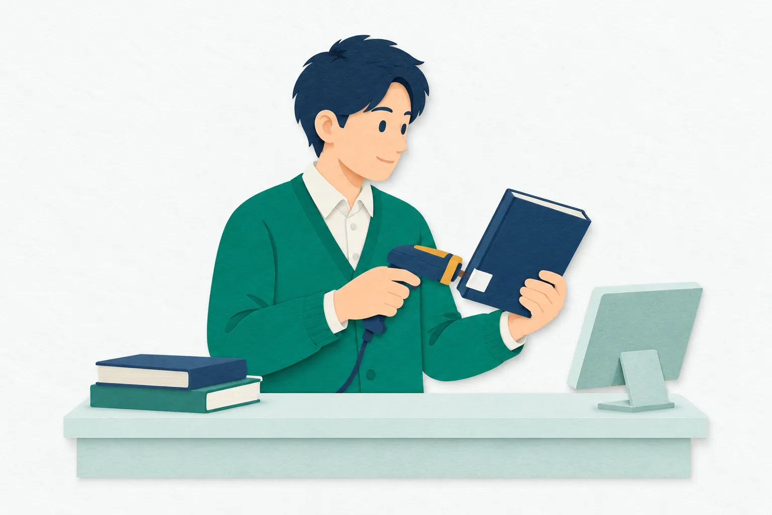 図書館で、男性の司書が返却された本を手に持ち、カウンターの読み取り機で返却処理を進めている。