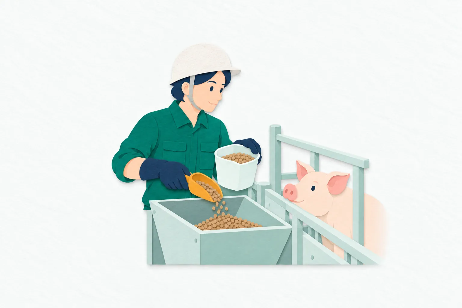男性の畜産農家が、豚舎の給餌器に飼料を補充し、柵の向こうにいる豚の様子を確かめている。