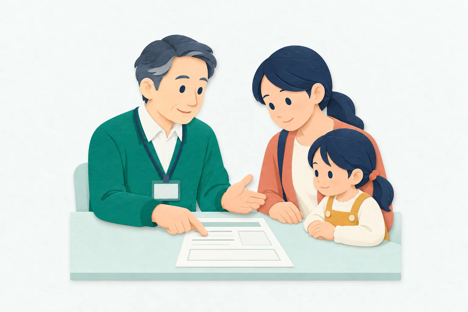 市役所の窓口で、50代の男性職員が、子どもを連れた住民に書類を見せて手続きを説明している。住民は子どもの隣で職員の話を聞いている。