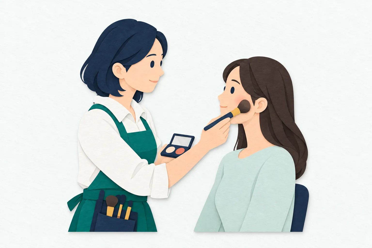 女性のメイクアップアーティストが、椅子に座るお客さんの頬にブラシを当て、手に持ったパレットを使いながらメイクを整えている。