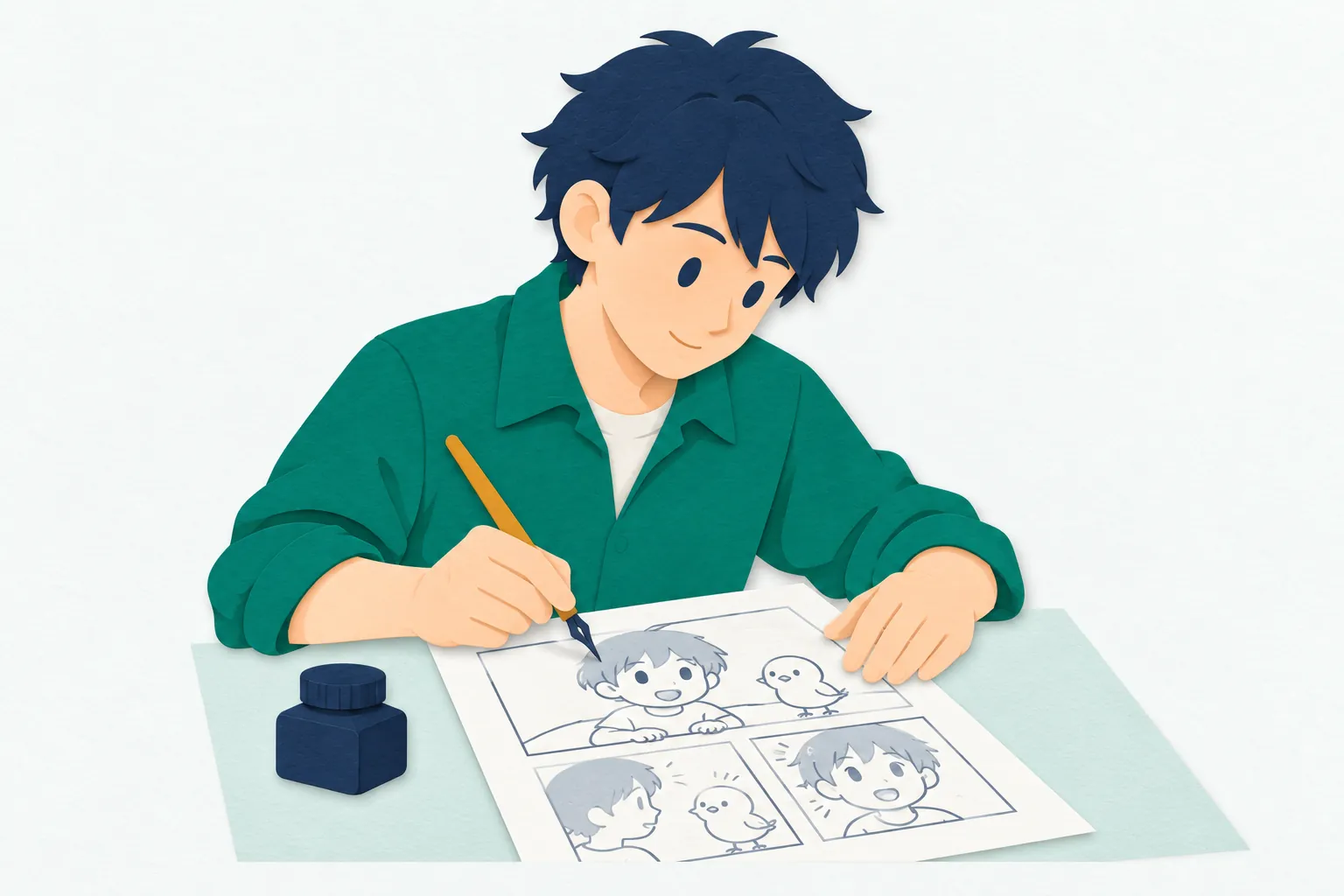 作業机で、男性の漫画家が、ペンで漫画原稿の人物を描いている。紙にはオリジナルの登場人物とコマ枠が並び、もう一方の手で原稿を押さえている。