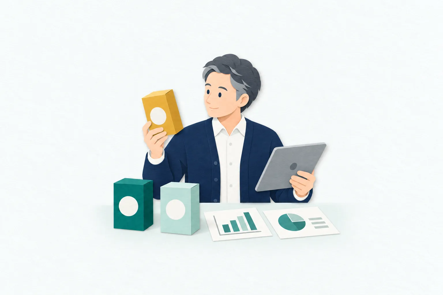 商品企画の作業で、男性のマーケターが無地のパッケージ試作品を並べ、調査グラフと見比べて検討している。