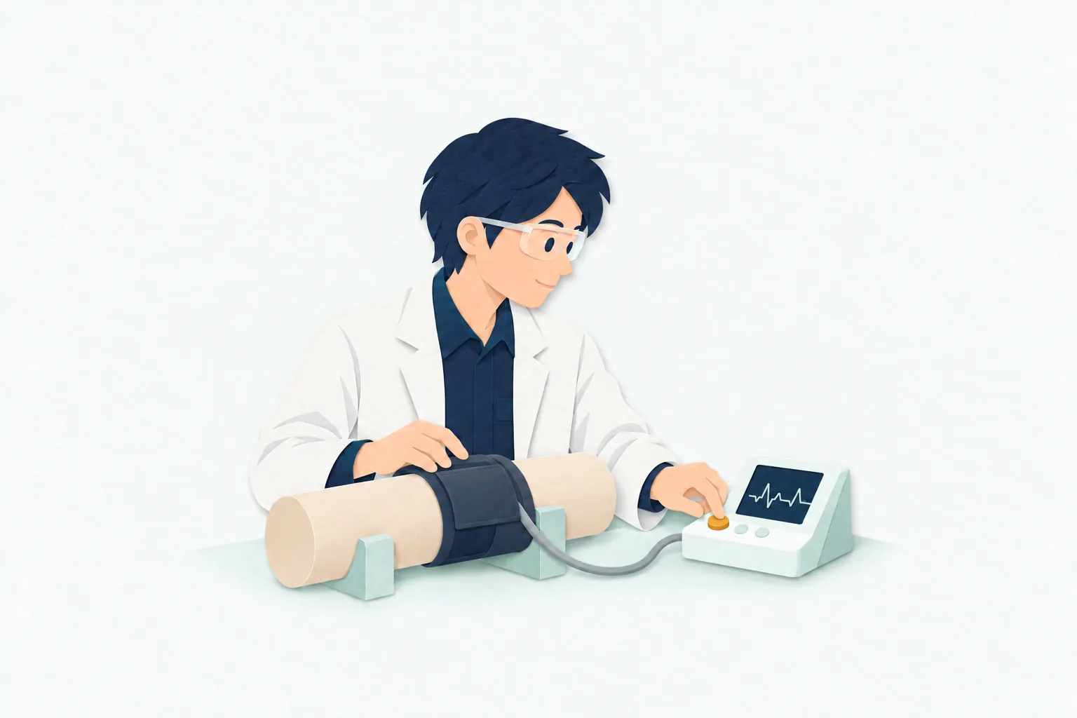 開発室で、男性の医療機器開発エンジニアが試作の血圧計を点検し、模擬腕に巻いたカフの動作を確かめている。