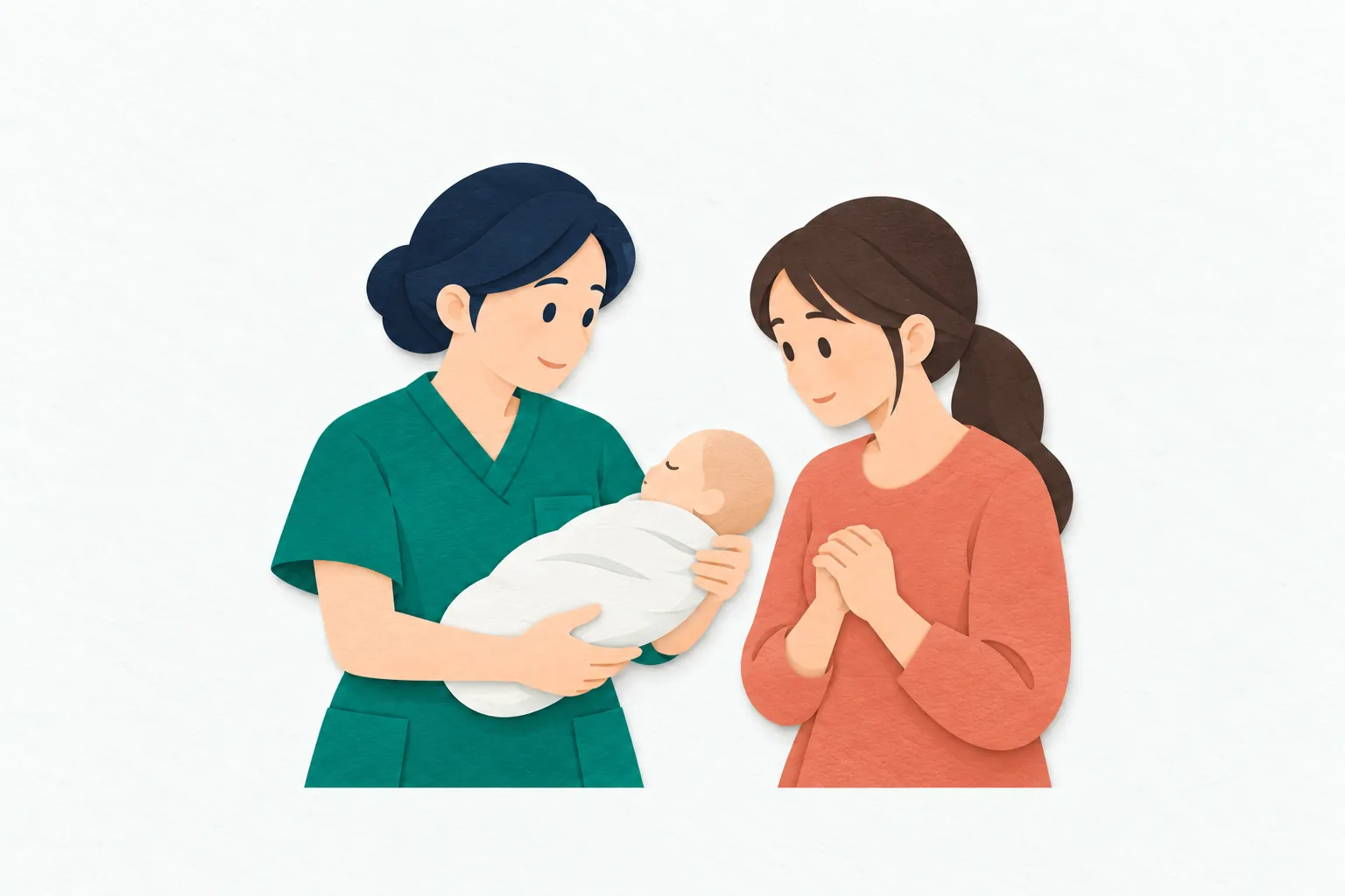 助産院で、女性の助産師が練習用の赤ちゃん人形の頭と体を支え、母親に安全な抱き方を示している。