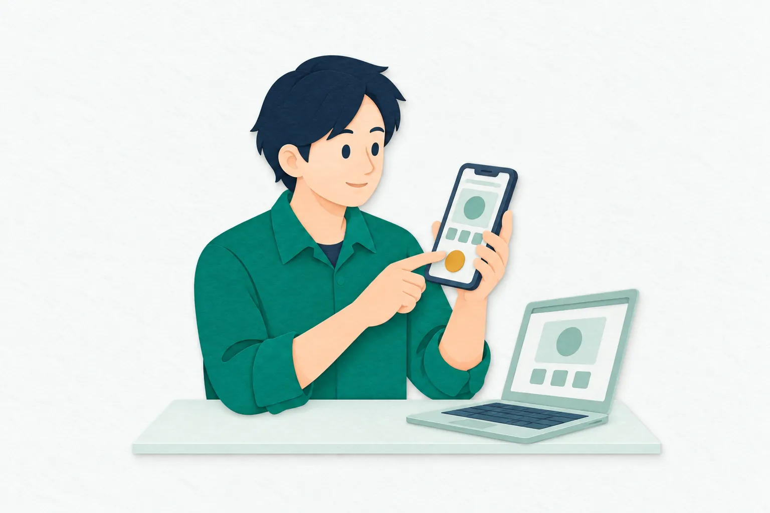 男性のスマホアプリ開発者が、手に持ったスマートフォンの画面を操作し、机のノートパソコンと見比べながら動作を確かめている。