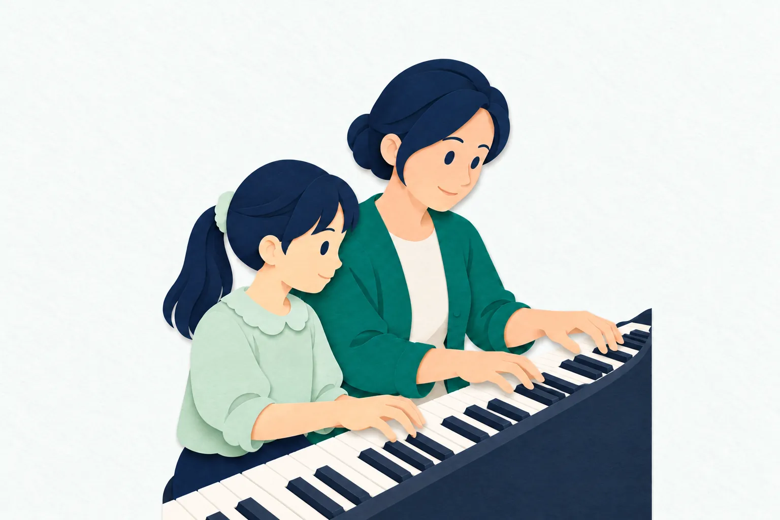 音楽教室で、女性の講師がピアノの鍵盤に手を置き、子どもに指の動かし方を穏やかに示している。