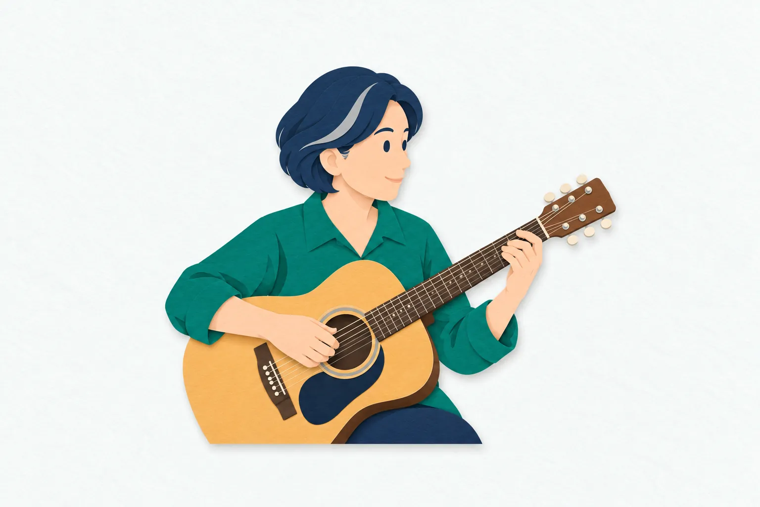 明るいスタジオで、女性のミュージシャンが、アコースティックギターを弾いている。左手で弦を押さえ、右手で弦を鳴らしながら演奏に集中している。